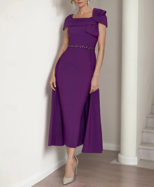 Sheath / Column Mother of the Bride Dress Elegant Square Neck Tea Length Stretch Fabric Short Sleeve with