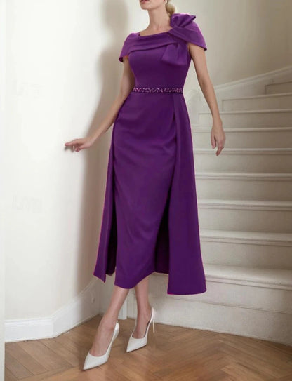 Sheath / Column Mother of the Bride Dress Elegant Square Neck Tea Length Stretch Fabric Short Sleeve with