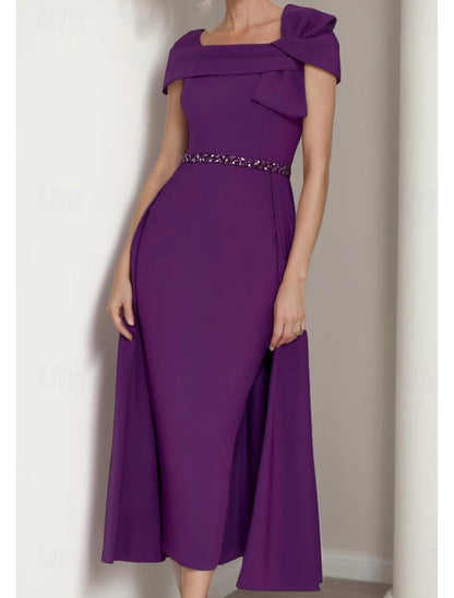 Sheath / Column Mother of the Bride Dress Elegant Square Neck Tea Length Stretch Fabric Short Sleeve with