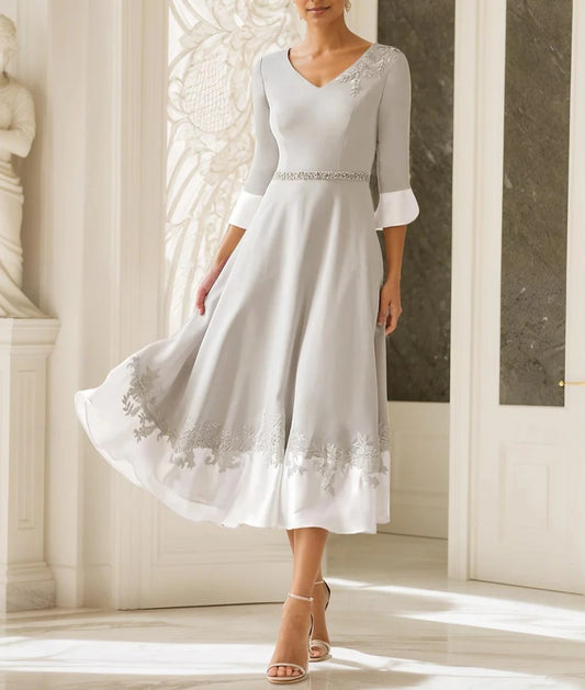 A-Line Mother of the Bride Dress Wedding Guest Church Elegant V Neck Tea Length Stretch Fabric Half Sleeve with