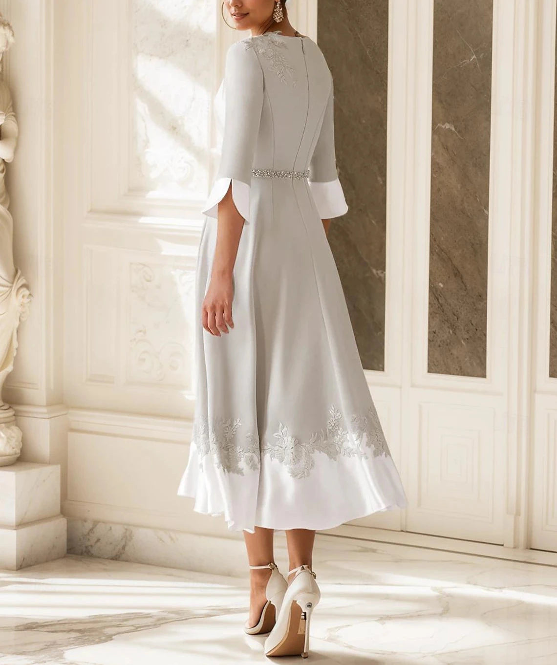 A-Line Mother of the Bride Dress Wedding Guest Church Elegant V Neck Tea Length Stretch Fabric Half Sleeve with