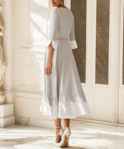 A-Line Mother of the Bride Dress Wedding Guest Church Elegant V Neck Tea Length Stretch Fabric Half Sleeve with