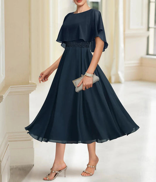 A-Line Mother of the Bride Dress Elegant Jewel Neck Tea Length Chiffon Half Sleeve with