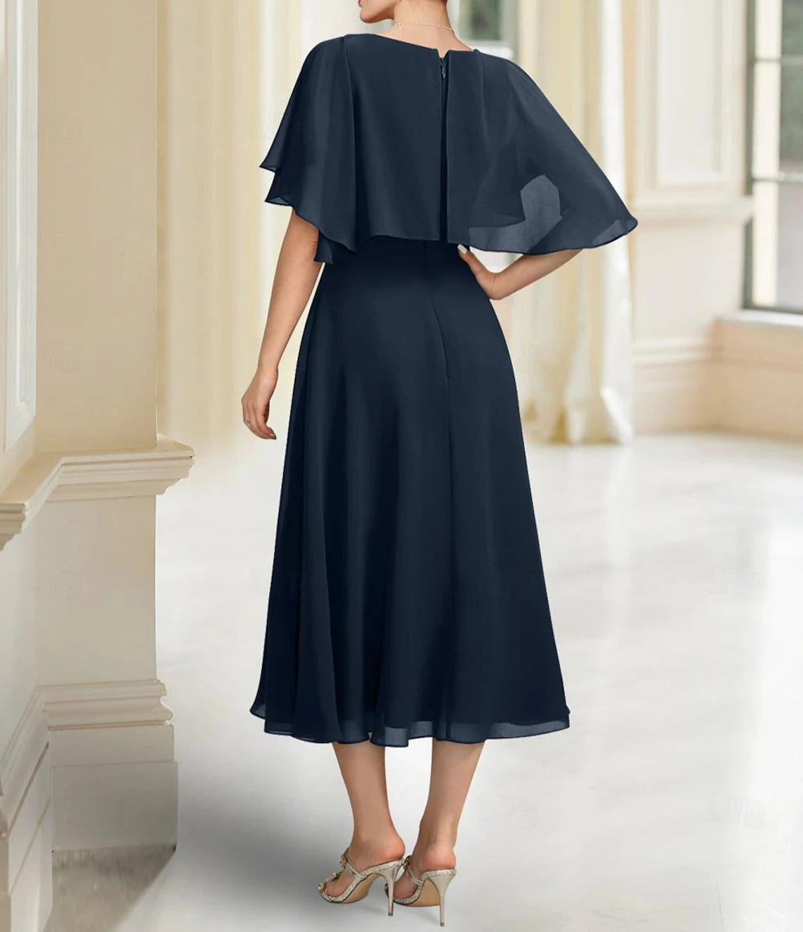A-Line Mother of the Bride Dress Elegant Jewel Neck Tea Length Chiffon Half Sleeve with