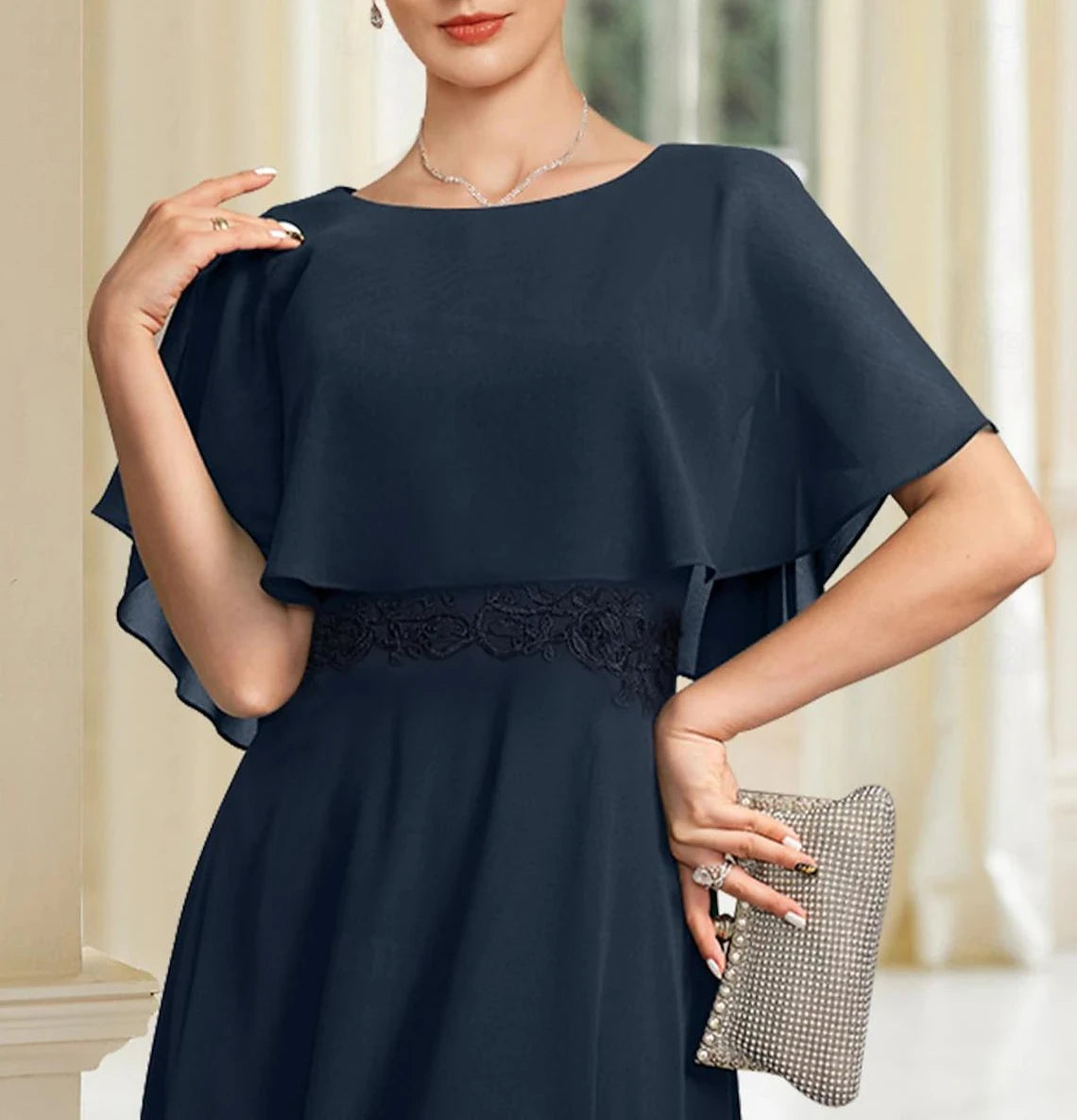 A-Line Mother of the Bride Dress Elegant Jewel Neck Tea Length Chiffon Half Sleeve with
