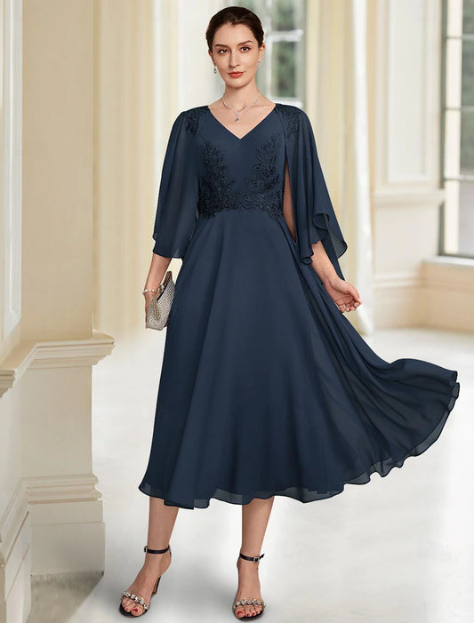 A-Line Mother of the Bride Dress Formal Elegant V Neck Tea Length Chiffon 3/4 Length Sleeve with Lace