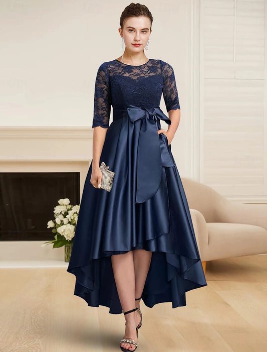 A-Line Mother of the Bride Dress Wedding Guest Elegant High Low Jewel Neck Tea Length Satin Lace Half Sleeve with Lace Sash / Ribbon