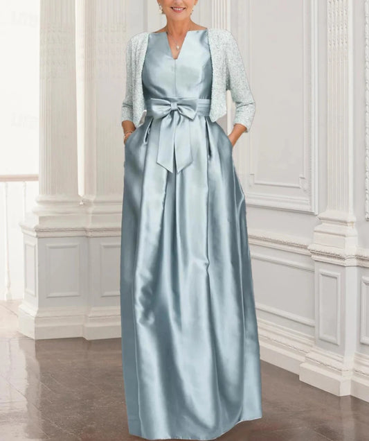 Two Piece A-Line Mother of the Bride Dress Elegant Sparkle & Shine V Neck Floor Length Satin Sequined 3/4 Length Sleeve Wrap Included with