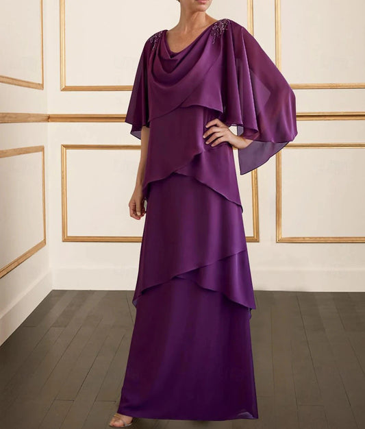 Sheath / Column Mother of the Bride Dress Elegant Simple Cowl Neck Floor Length Chiffon 3/4 Length Sleeve with