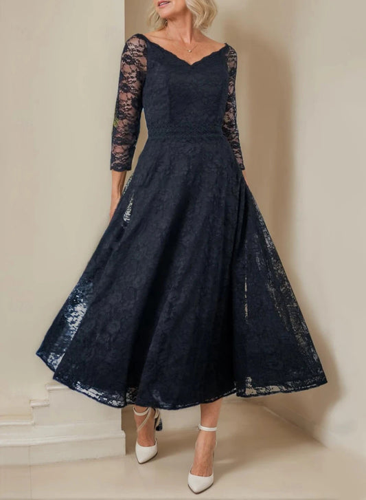 A-Line Mother of the Bride Dress Elegant V Neck Tea Length Lace 3/4 Length Sleeve with