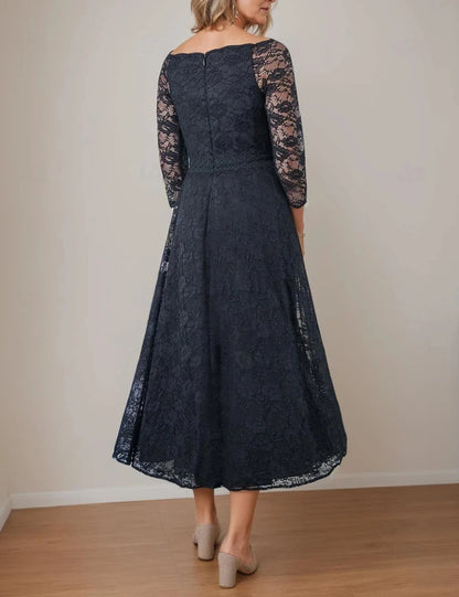 A-Line Mother of the Bride Dress Elegant V Neck Tea Length Lace 3/4 Length Sleeve with