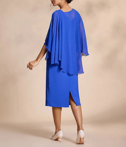 Blue Chiffon Causal Round Sleeve 2 Piece Midi Mother of the Bride Dress dress to impress