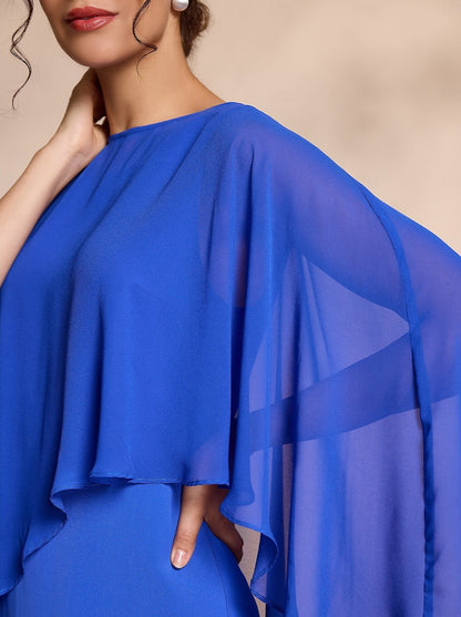 Blue Chiffon Causal Round Sleeve 2 Piece Midi Mother of the Bride Dress dress to impress