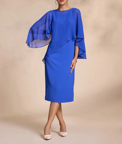 Blue Chiffon Causal Round Sleeve 2 Piece Midi Mother of the Bride Dress dress to impress