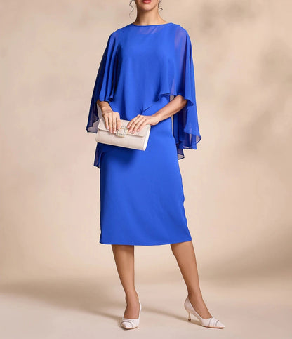 Blue Chiffon Causal Round Sleeve 2 Piece Midi Mother of the Bride Dress dress to impress