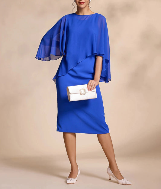 Blue Chiffon Causal Round Sleeve 2 Piece Midi Mother of the Bride Dress dress to impress