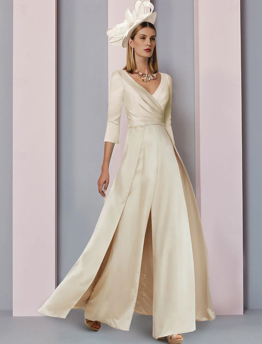A-Line Mother of the Bride Dress Elegant Simple V Neck Floor Length Stretch Satin 3/4 Length Sleeve with