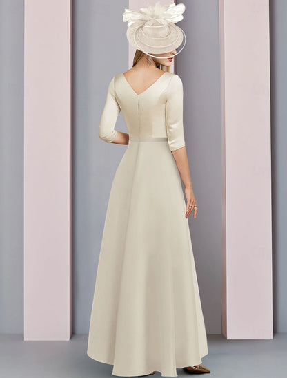 A-Line Mother of the Bride Dress Elegant Simple V Neck Floor Length Stretch Satin 3/4 Length Sleeve with