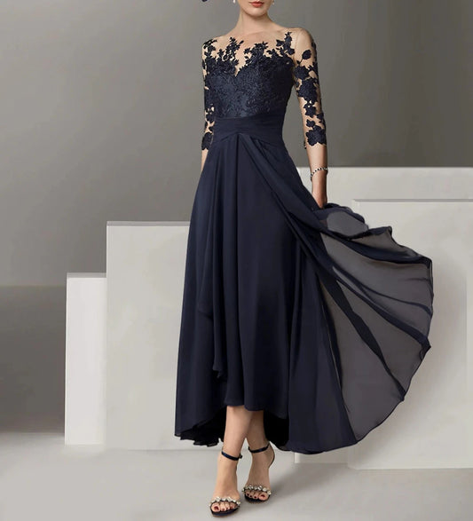 A-Line Cocktail Dresses Elegant Dress Wedding Guest Asymmetrical 3/4 Length Sleeve Jewel Neck Stretch Satin with