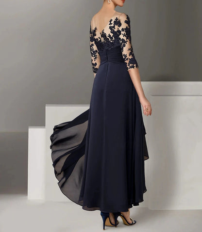 A-Line Cocktail Dresses Elegant Dress Wedding Guest Asymmetrical 3/4 Length Sleeve Jewel Neck Stretch Satin with