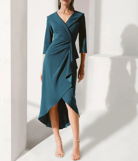 A-Line Dress Mother of the Bride Dress Elegant V Neck Tea Length Stretch Fabric 3/4 Length Sleeve with