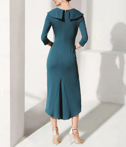 A-Line Dress Mother of the Bride Dress Elegant V Neck Tea Length Stretch Fabric 3/4 Length Sleeve with