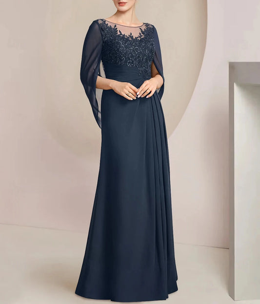 heath / Column Dress Mother of the Bride Dress Elegant Jewel Neck Floor Length Chiffon Half Sleeve with
