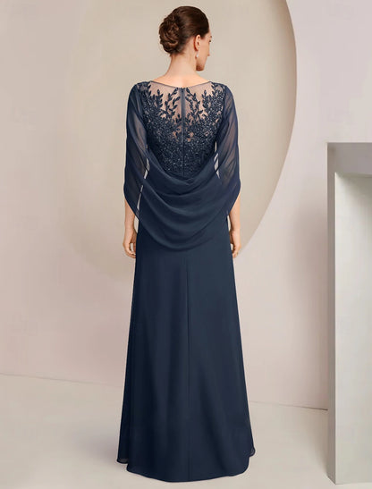 heath / Column Dress Mother of the Bride Dress Elegant Jewel Neck Floor Length Chiffon Half Sleeve with
