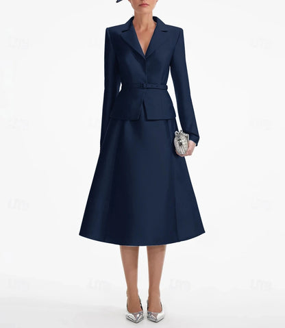 A-Line Dress Mother of the Bride Dress Elegant V Neck Tea Length Satin Long Sleeve with