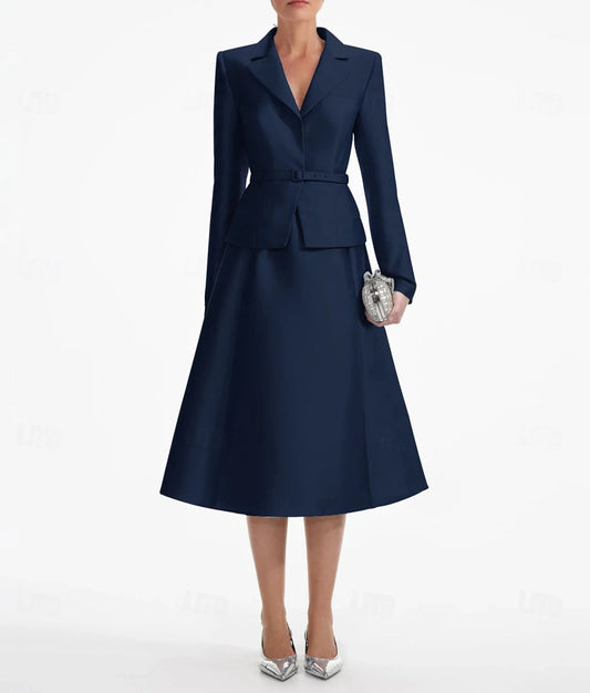 A-Line Dress Mother of the Bride Dress Elegant V Neck Tea Length Satin Long Sleeve with