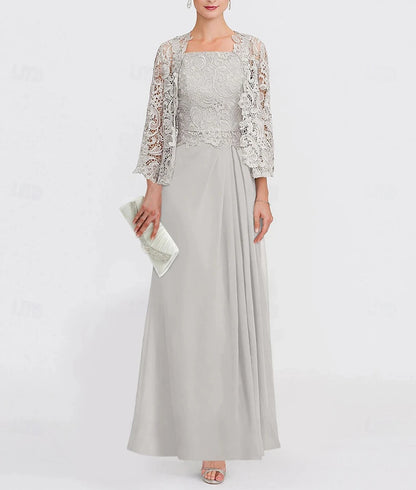 A-Line Dress Suit Mother of the Bride Dress Elegant Straight Neckline Ankle Length Chiffon Lace 3/4 Length Sleeve with