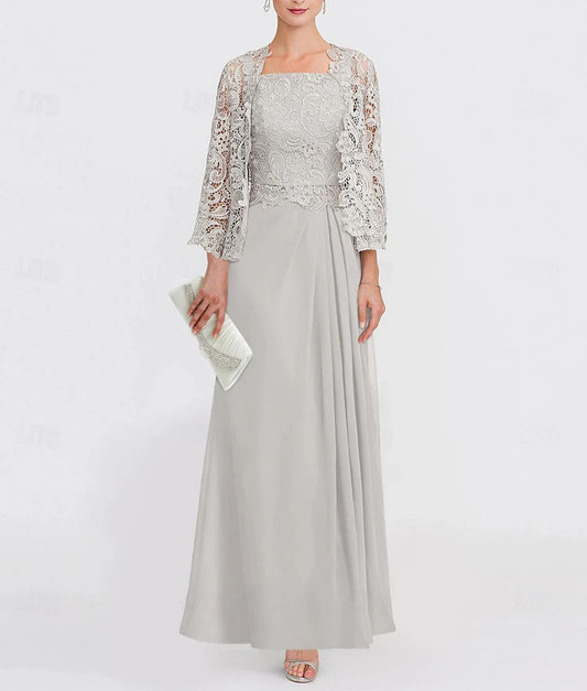 A-Line Dress Suit Mother of the Bride Dress Elegant Straight Neckline Ankle Length Chiffon Lace 3/4 Length Sleeve with