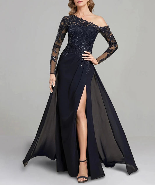 Sheath / Column Dress Mother of the Bride Dress Formal Elegant One Shoulder Floor Length Chiffon Long Sleeve with