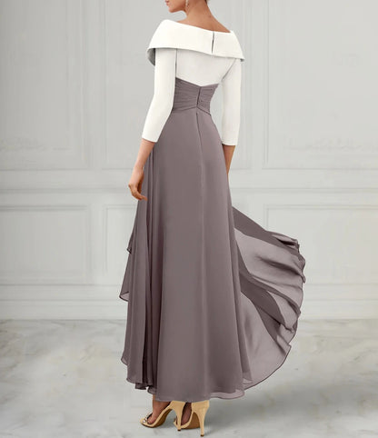 A-Line Mother of the Bride Dress Elegant V Neck Asymmetrical Ankle Length Chiffon 3/4 Length Sleeve with