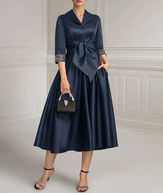 Navy Blue A-Line Dress Mother of the Bride Dress Elegant Satin Simple Shirt Collar Tea Length 3/4 Length Sleeve with Sash Ribbon Beading Solid Color