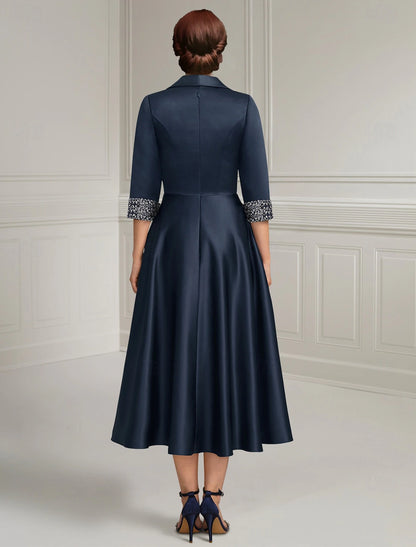 Navy Blue A-Line Dress Mother of the Bride Dress Elegant Satin Simple Shirt Collar Tea Length 3/4 Length Sleeve with Sash Ribbon Beading Solid Color