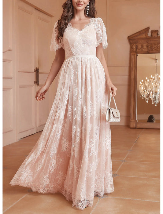 Wedding Dresses A-Line V Neck Short Sleeve Floor Length Lace Bridal Gowns With Pleats