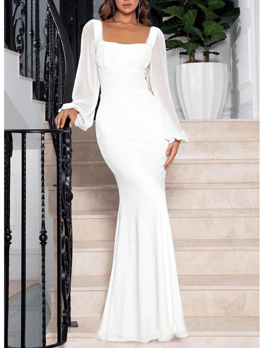 Wedding Dresses Mermaid Trumpet Square Neck Long Sleeve Floor Length Chiffon Bridal Gowns With Ruched