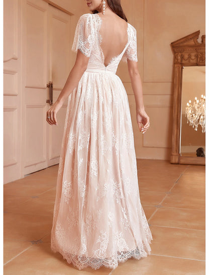 Wedding Dresses A-Line V Neck Short Sleeve Floor Length Lace Bridal Gowns With Pleats
