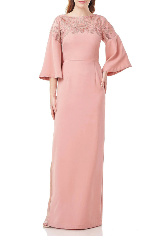 Embellished Boat Neck 3/4 Flare Sleeve Zipper Back Slit Side Solid Stretch Crepe Mother of the Bride Dresses