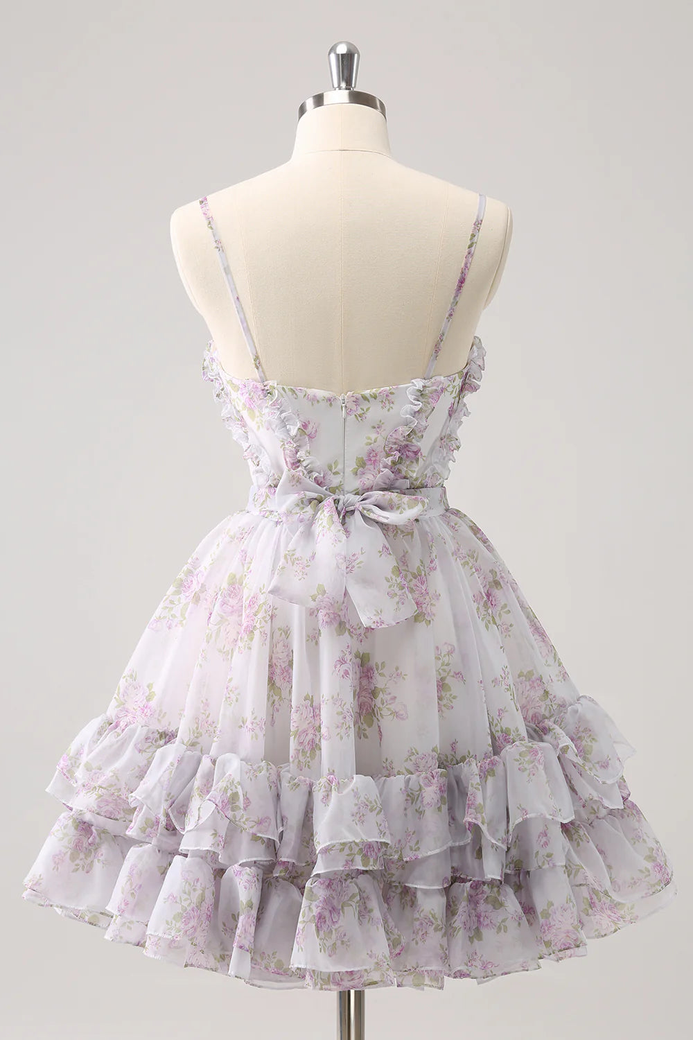 Lilac A Line Cut Out Tiered Print Floral Homecoming Dress