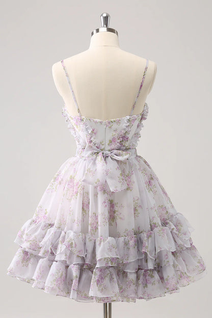 Lilac A Line Cut Out Tiered Print Floral Homecoming Dress