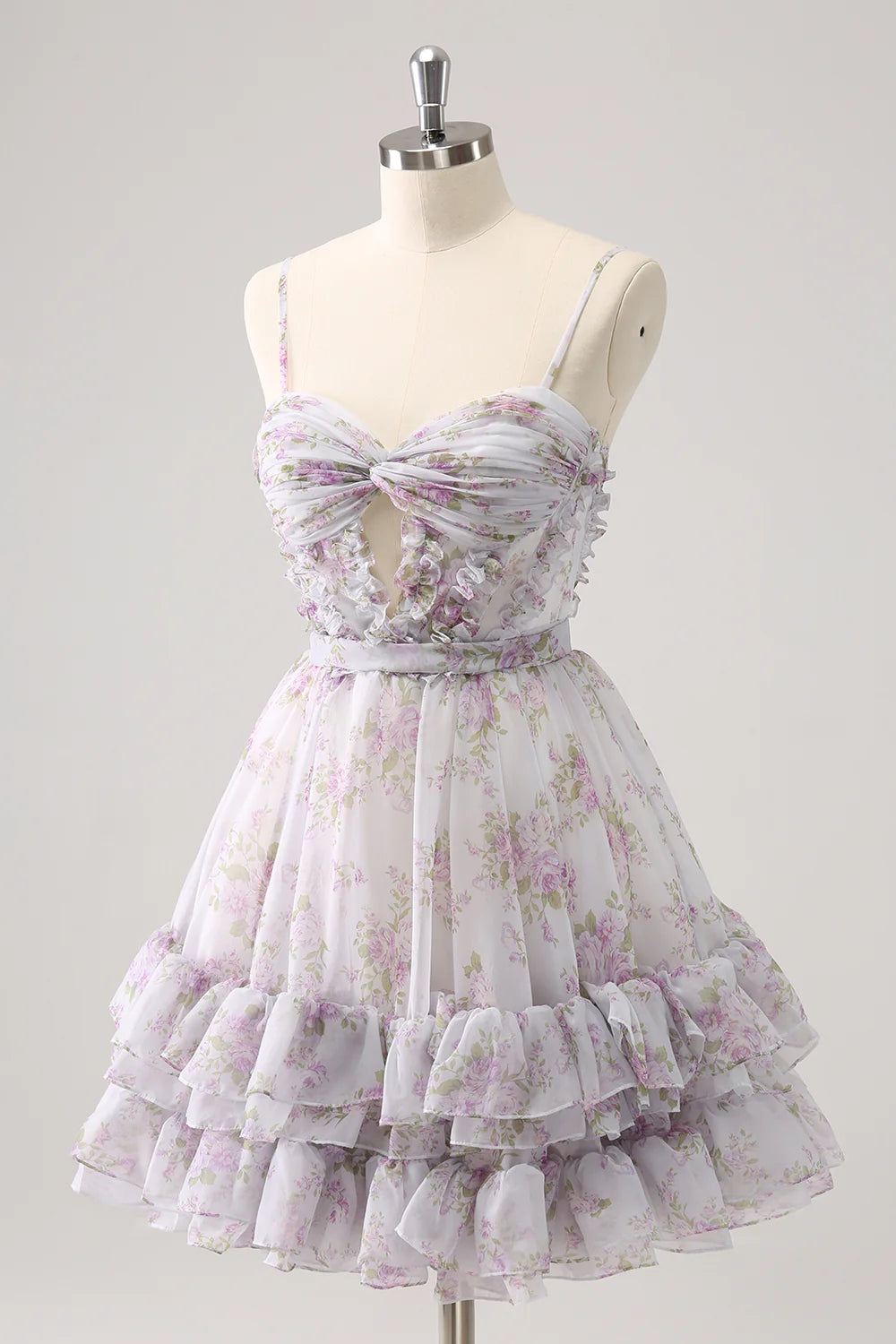 Lilac A Line Cut Out Tiered Print Floral Homecoming Dress