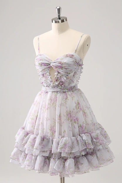 Lilac A Line Cut Out Tiered Print Floral Homecoming Dress