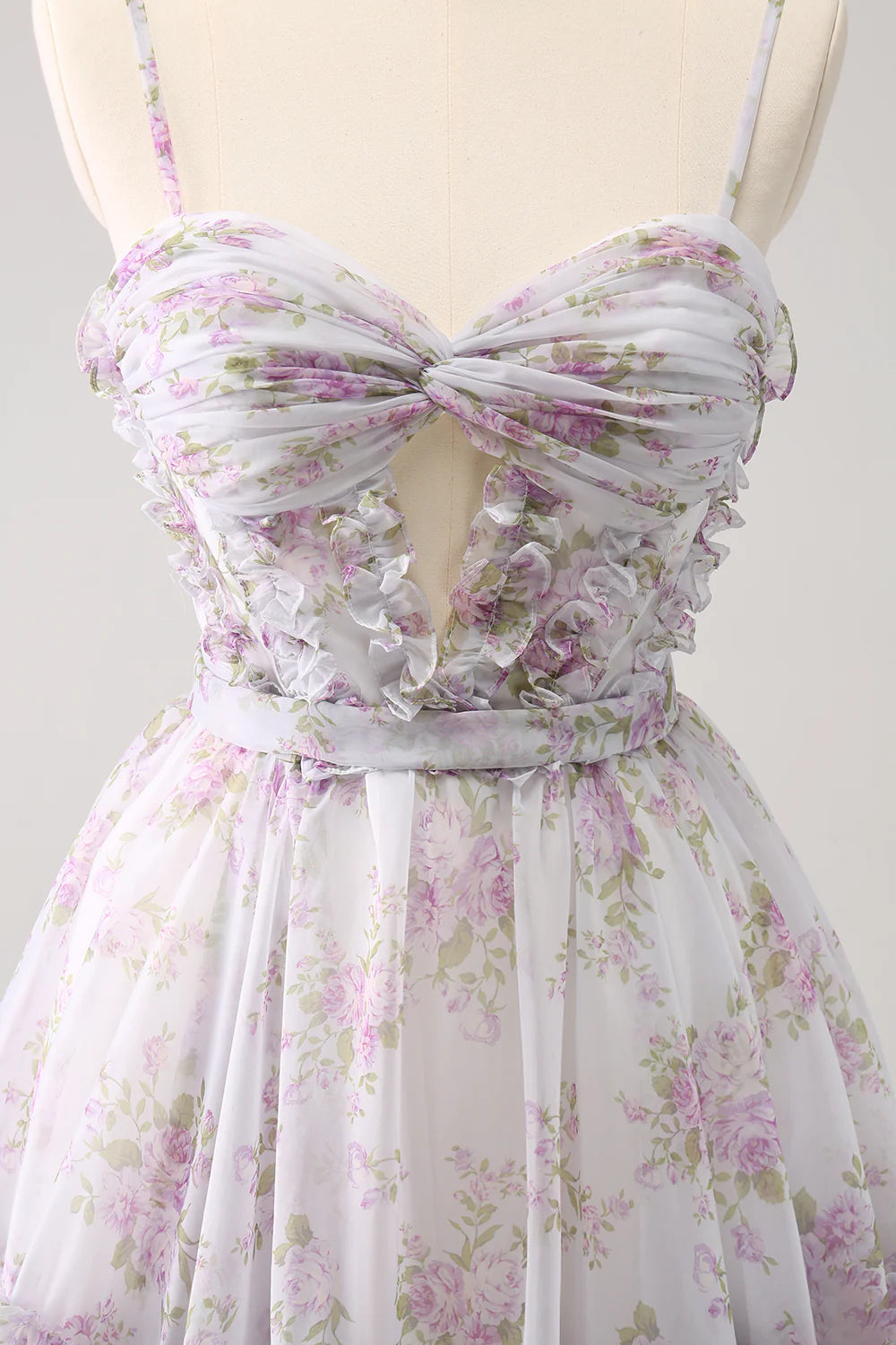 Lilac A Line Cut Out Tiered Print Floral Homecoming Dress