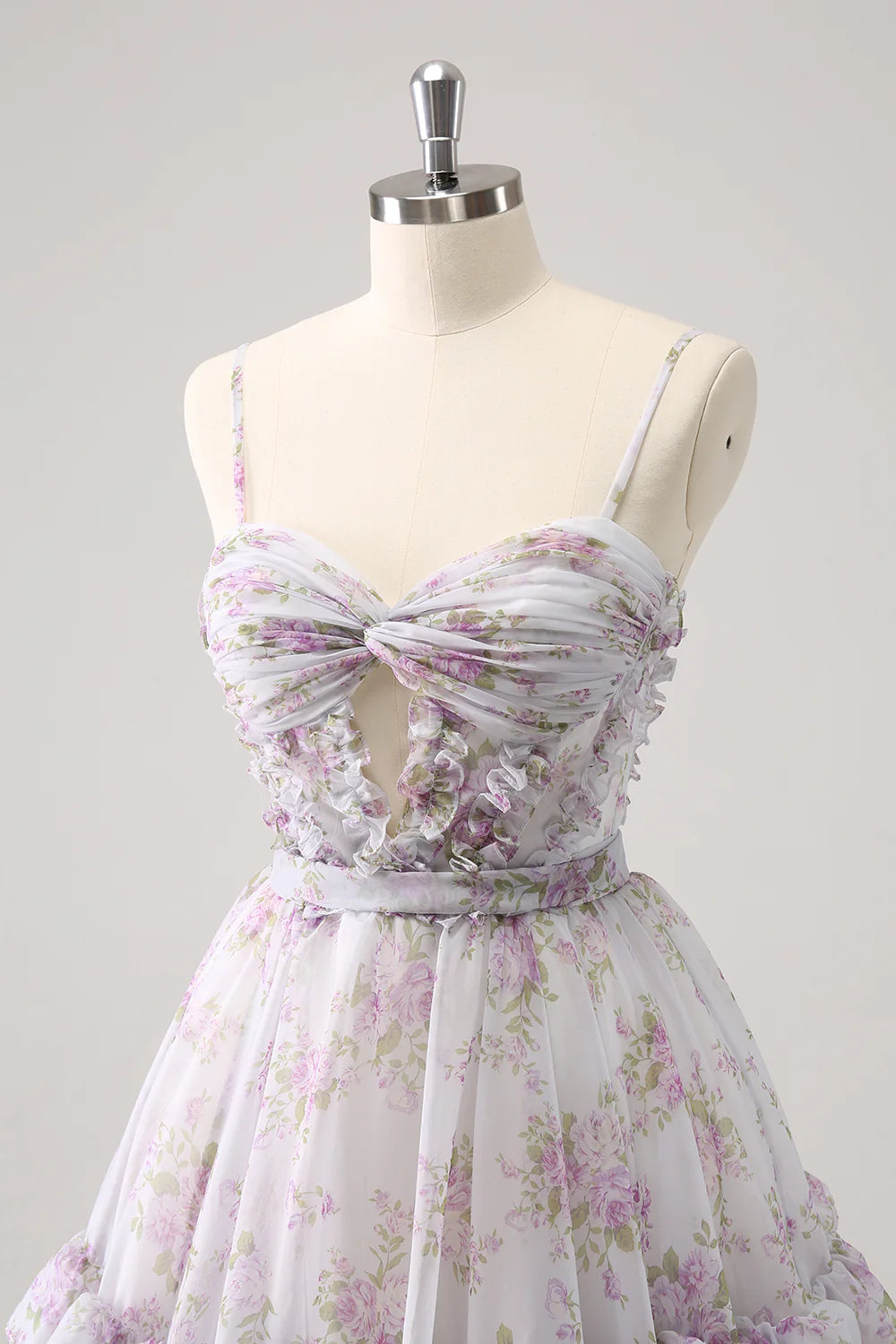 Lilac A Line Cut Out Tiered Print Floral Homecoming Dress
