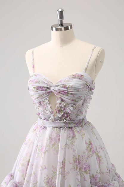 Lilac A Line Cut Out Tiered Print Floral Homecoming Dress