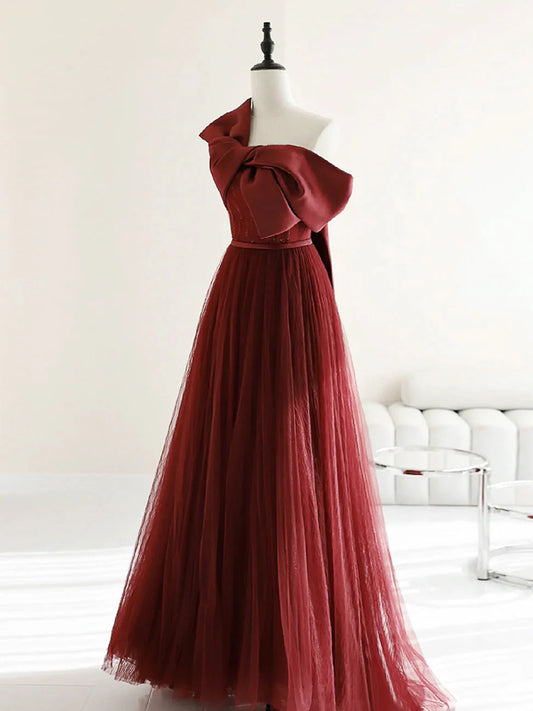 A-Line Tulle Burgundy Long Prom Dresses Burgundy Formal Evening Dresses