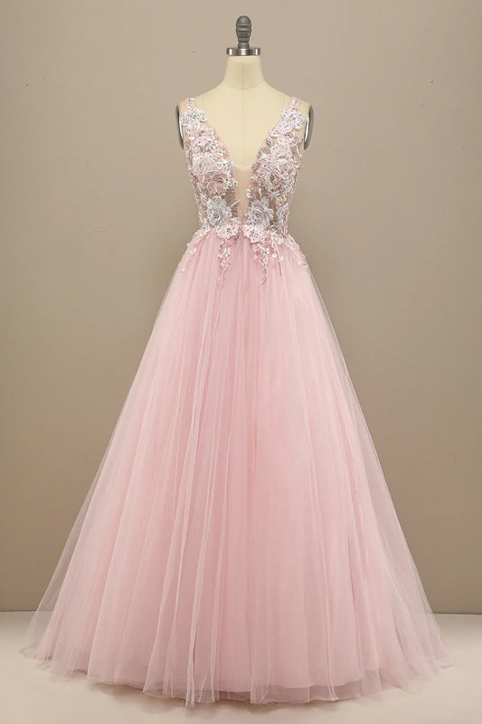 Gorgeous deep V-neck gray pink dance party formal dress