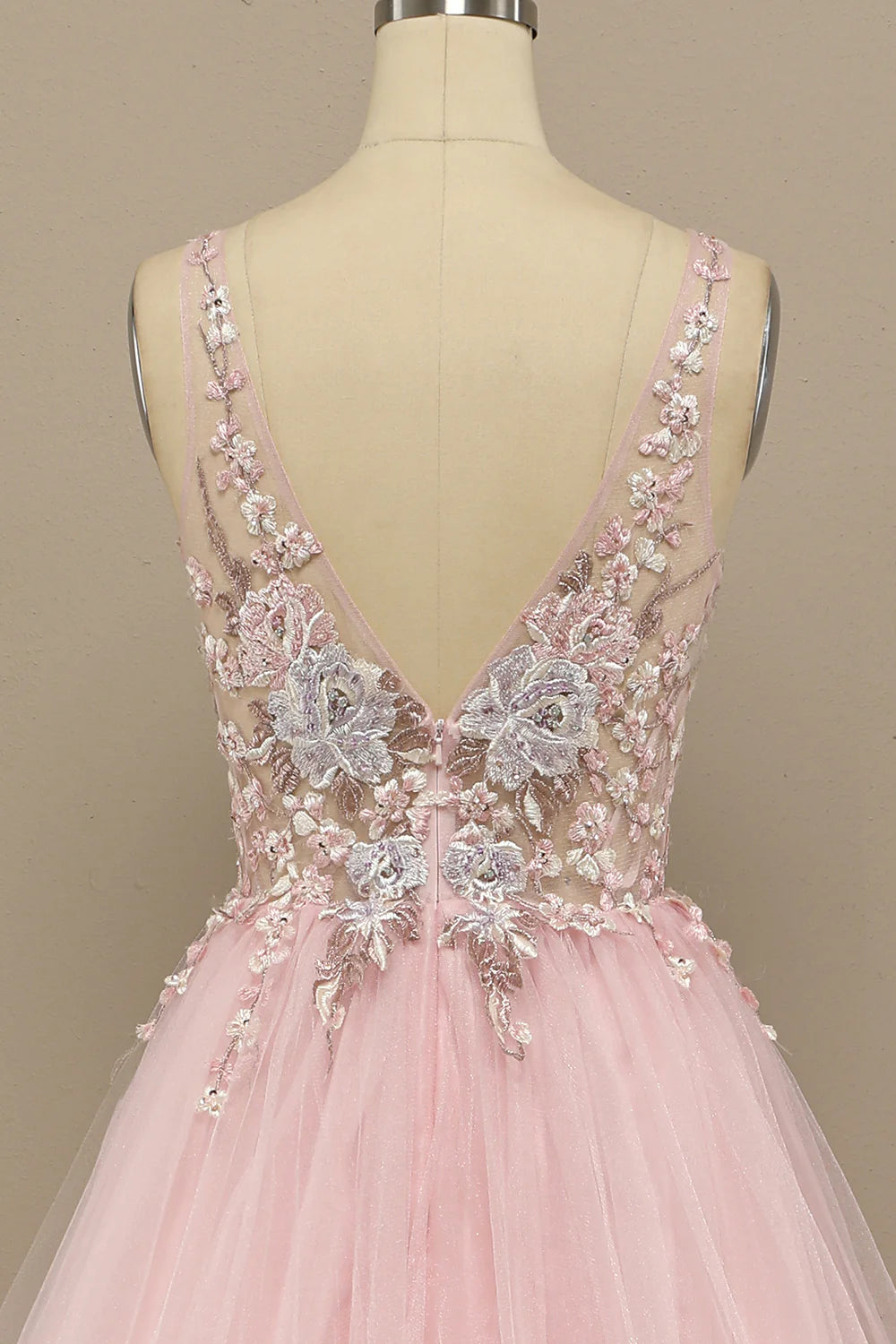 Gorgeous deep V-neck gray pink dance party formal dress
